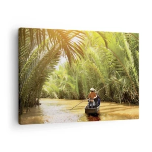 Schilderen op canvas - Een boot op een rivier omgeven door tropische vegetatie - 70x50cm - Een palmravijn langs - Moderne wanddecoratie voor woonkamer en slaapkamer ARTTOR