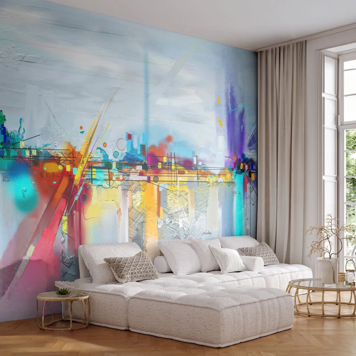 Zelfklevend Fotobehang Deluxe Sticker - Brug van vreugde bij de rivier van het leven - Abstractie, Deel, Surrealisme - 250x175 cm