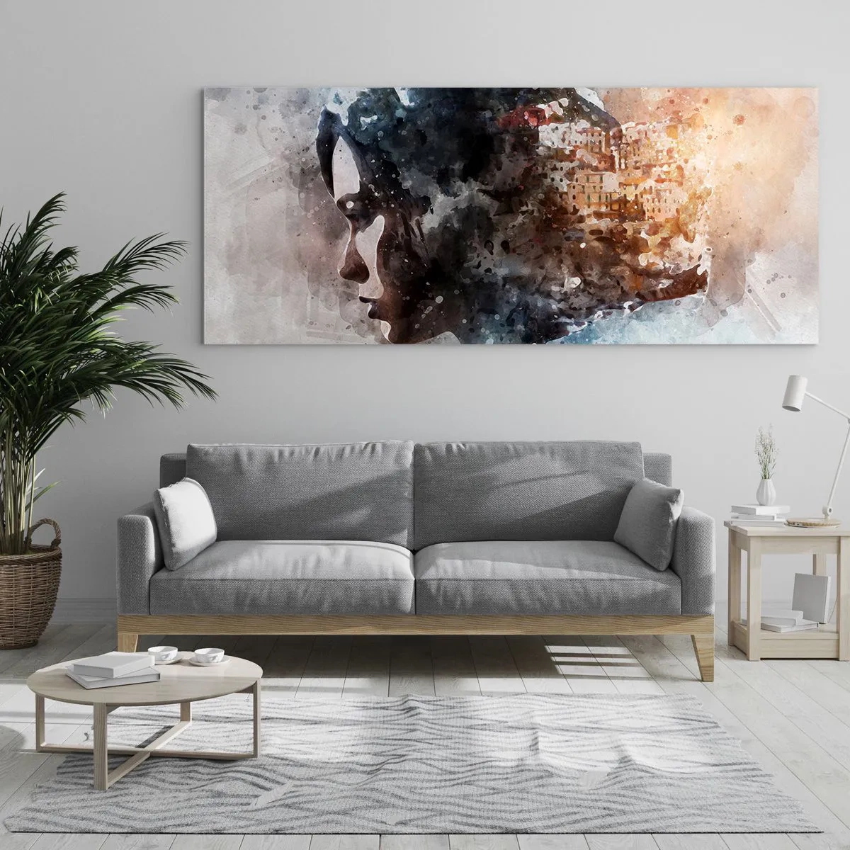 Schilderen op glas - Een verhaal over een meisje met een stad op de achtergrond - 100x40 cm