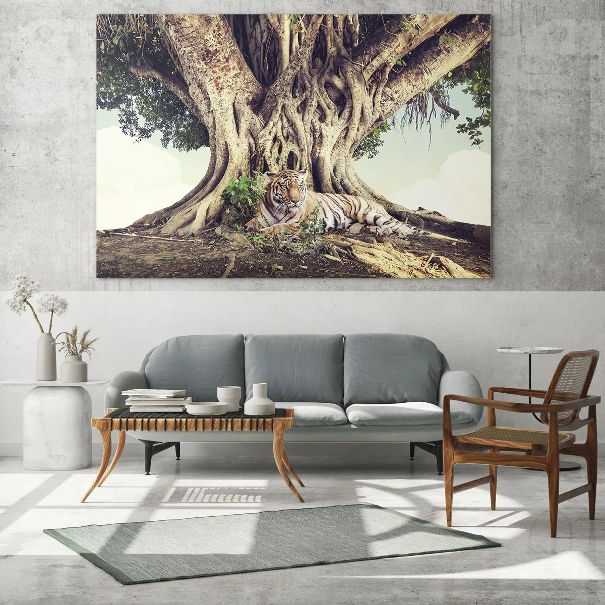 Schilderen op glas - Een tijger ligt onder een uitgestrekte boom in de jungle - 70x50cm - Uitzicht vanuit het boek Genesis - Moderne wanddecoratie voor woonkamer en slaapkamer ARTTOR