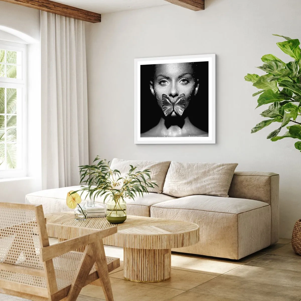 Poster in een witte lijst - Vlinder kus - 60x60 cm