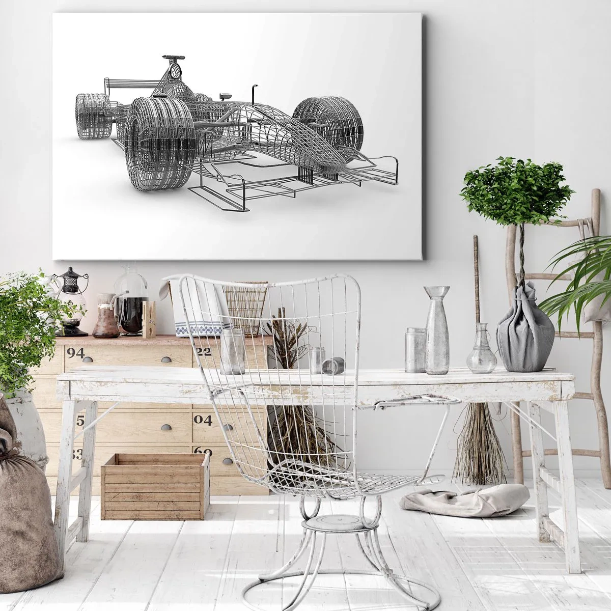 Schilderen op canvas - Een ontwerpschets van een racewagen op een lichte achtergrond - 70x50cm - Perfect ontwerp - het idee van momentum - Moderne wanddecoratie voor woonkamer en slaapkamer ARTTOR