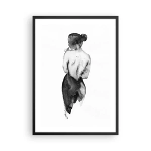 Poster in een zwarte lijst - Silhouet van een vrouw in aquarelzwart op een witte achtergrond - 50x70cm - Bij haar verdwijnt de wereld - Moderne wanddecoratie voor woonkamer en slaapkamer ARTTOR