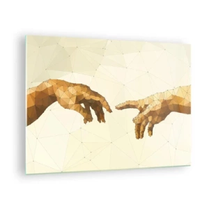 Schilderen op glas - Een gestileerde versie van het schilderij 'De schepping van Adam' in polygoontechniek - 70x50cm - Goddelijke geometrie - Moderne wanddecoratie voor woonkamer en slaapkamer ARTTOR