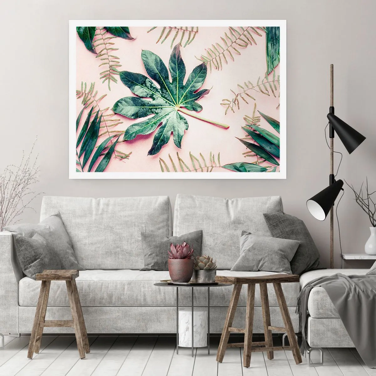 Poster - Een studie van groen op een roze achtergrond - 70x50 cm