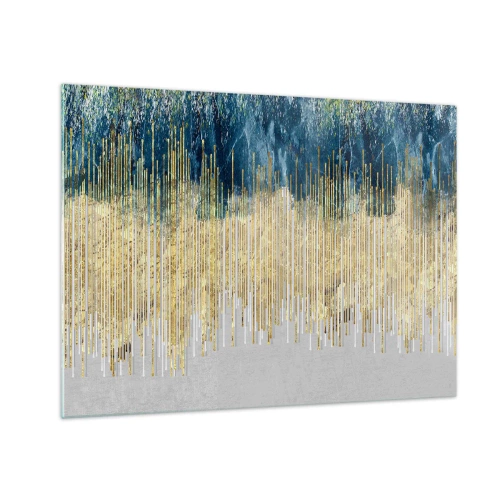 Schilderen op glas - Gouden verticale lijnen tegen een donkerblauwe bosachtergrond - 70x50cm - Vergulde grens - Moderne wanddecoratie voor woonkamer en slaapkamer ARTTOR