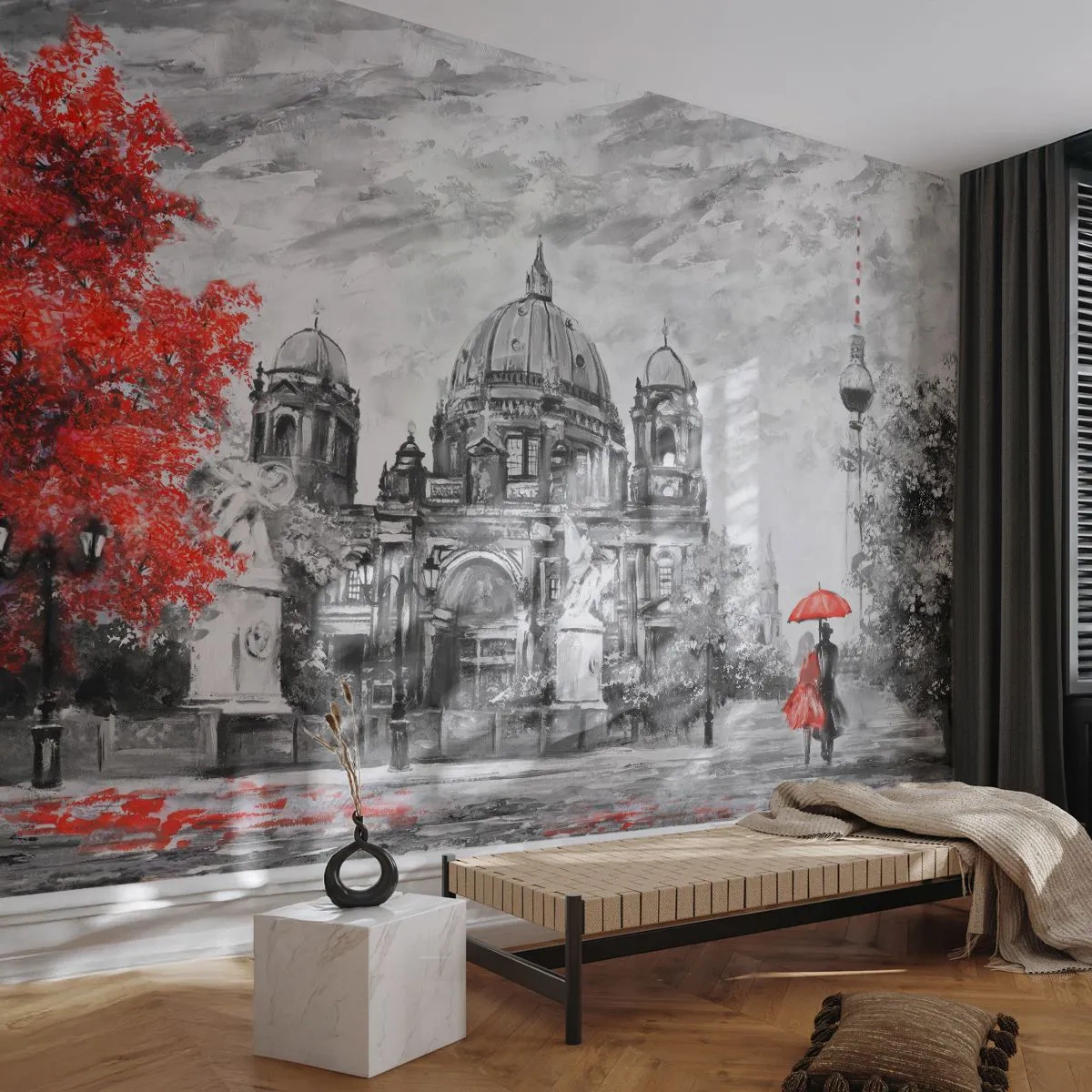 Fotobehang Premium Canvas - Berlijn bijeenkomst - Stad, Schilderen, Architectuur - 250x175 cm