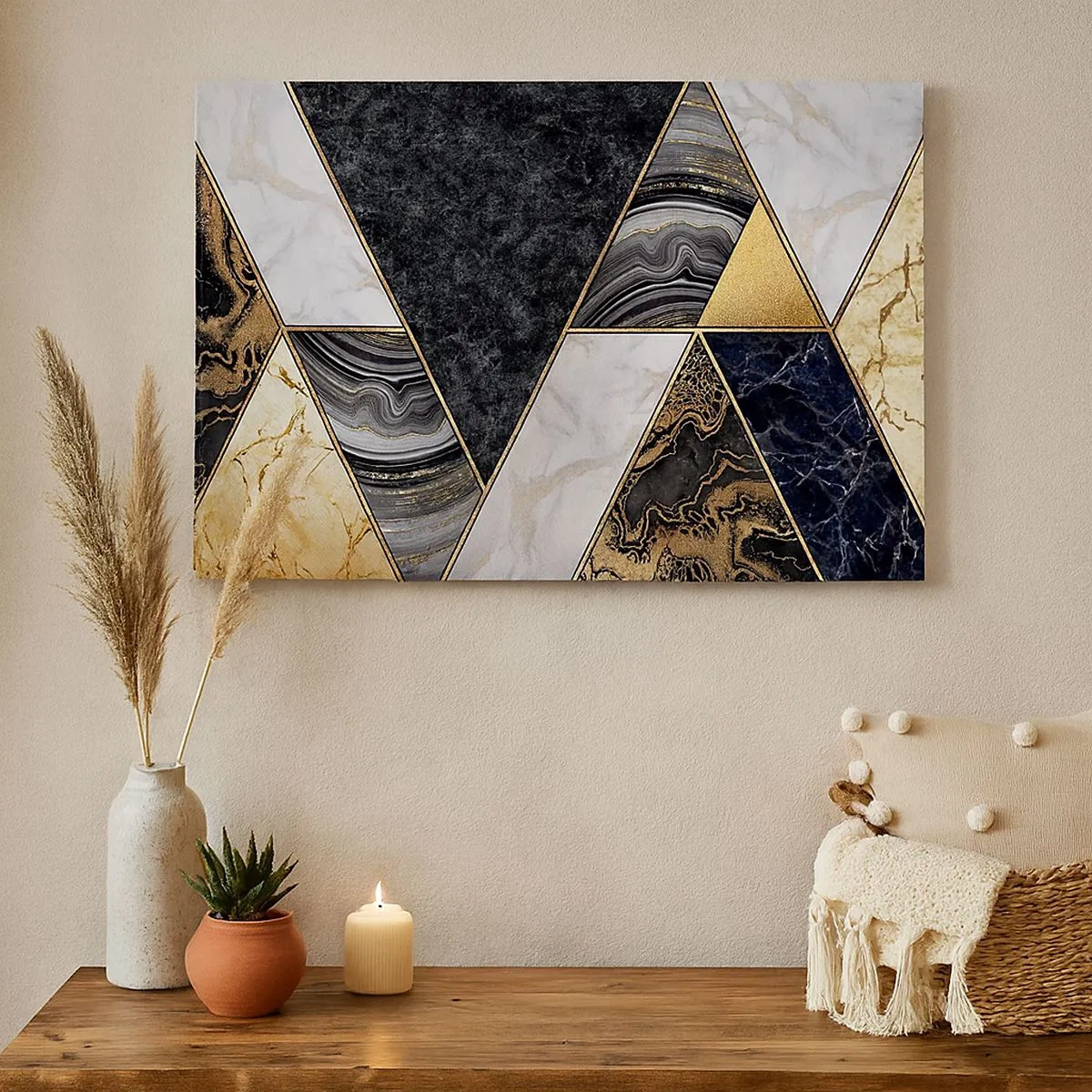 Schilderen op canvas - Geometrische driehoeken in goud, marmer en donkere tinten - 70x50cm - Steen bij steen - Moderne wanddecoratie voor woonkamer en slaapkamer ARTTOR