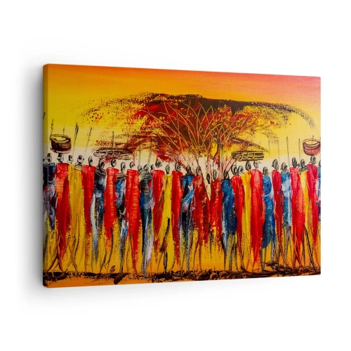 Schilderen op canvas - Een kleurrijk tafereel met Afrikaanse figuren tegen de achtergrond van de ondergaande zon. - 70x50cm - Daar, daar, daar gaan ze - Moderne wanddecoratie voor woonkamer en slaapkamer ARTTOR