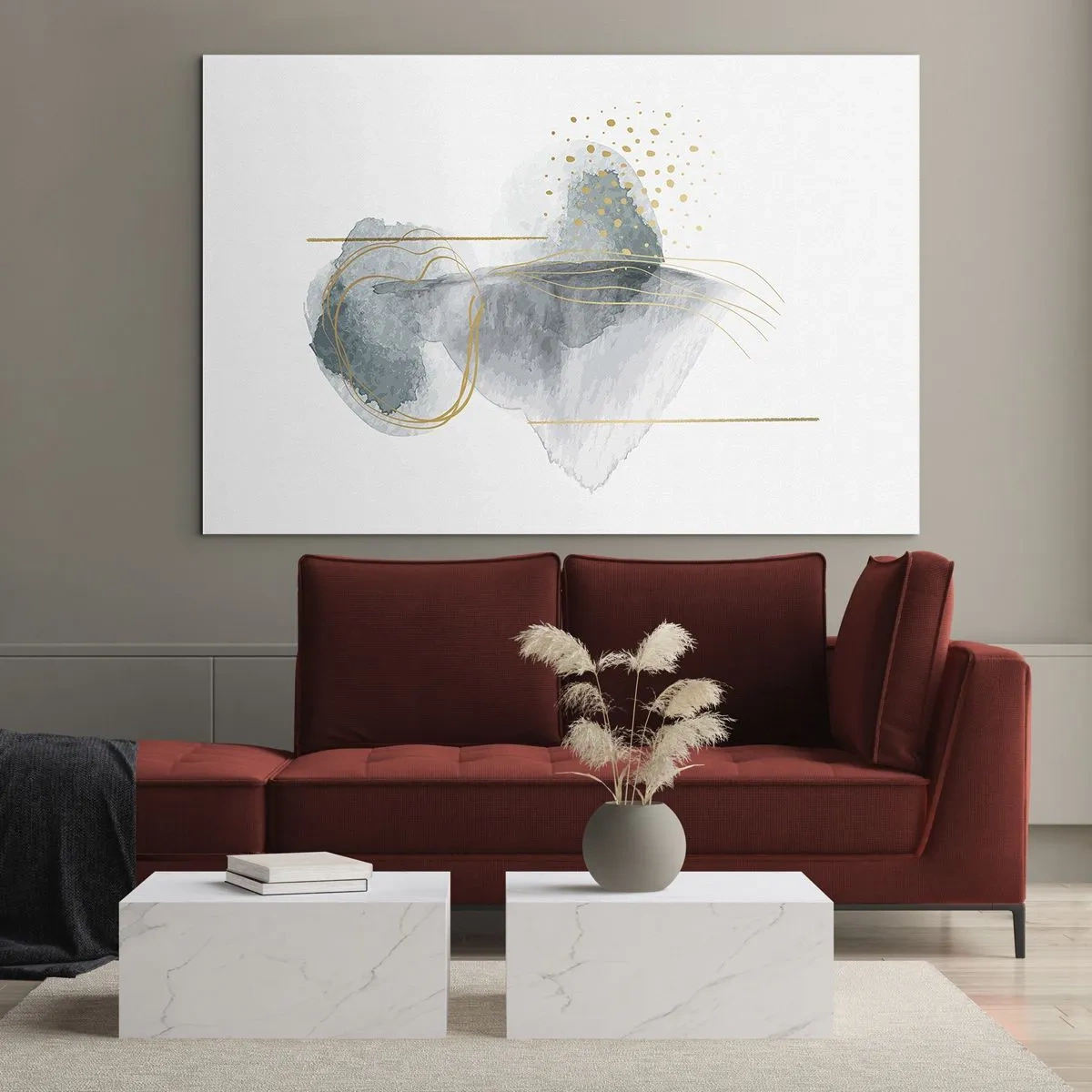 Schilderen op glas - Een abstracte compositie van grijs met gouden accenten - 70x50cm - Over de relatie tussen grijs en goud - Moderne wanddecoratie voor woonkamer en slaapkamer ARTTOR