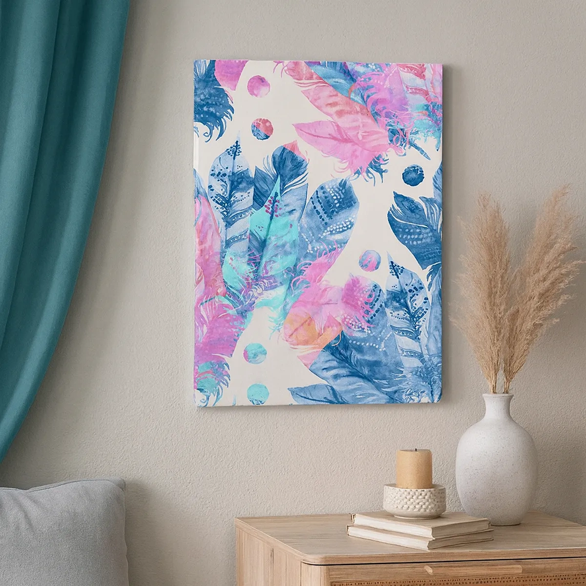 Schilderen op canvas - Pluimen in roze en blauw - 50x70 cm
