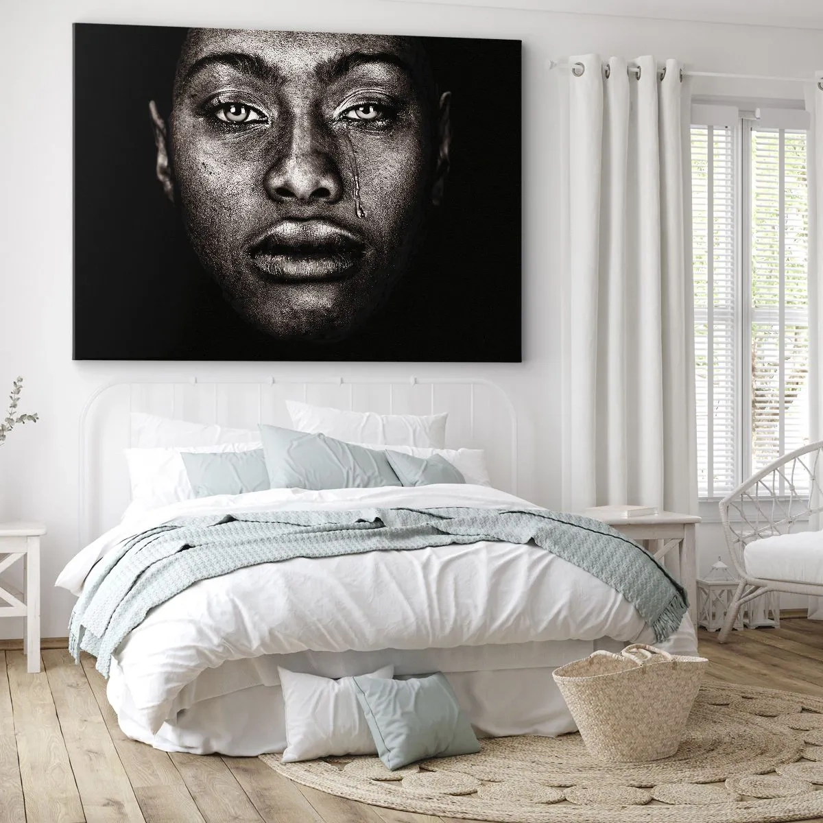 Schilderen op canvas - Portret van een gezicht met een enkele traan op een zwarte achtergrond - 70x50cm - een traan - Moderne wanddecoratie voor woonkamer en slaapkamer ARTTOR