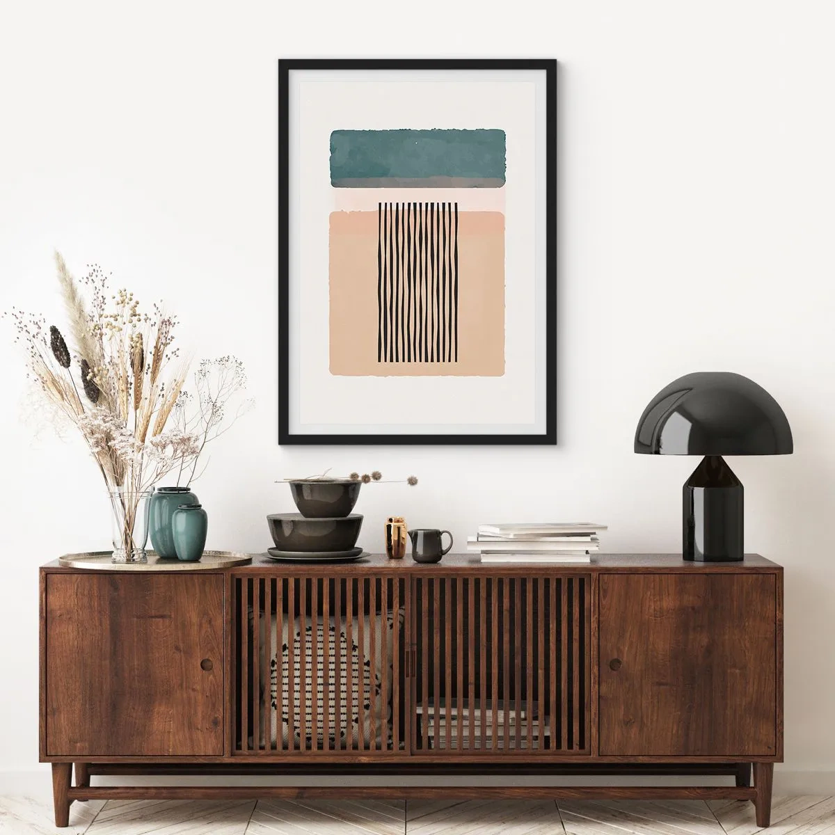 Poster in een zwarte lijst - Abstracte geometrische figuren in subtiele kleuren - 50x70cm - Alles is oke - Moderne wanddecoratie voor woonkamer en slaapkamer ARTTOR