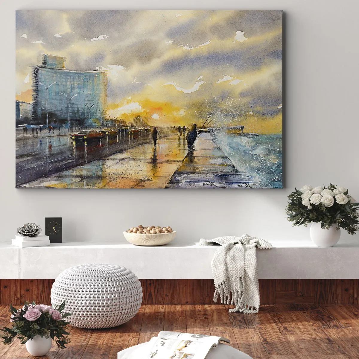 Schilderen op canvas - Een schilderachtig uitzicht op de boulevard bij zonsondergang - 70x50cm - Het leven aan de oever - Moderne wanddecoratie voor woonkamer en slaapkamer ARTTOR