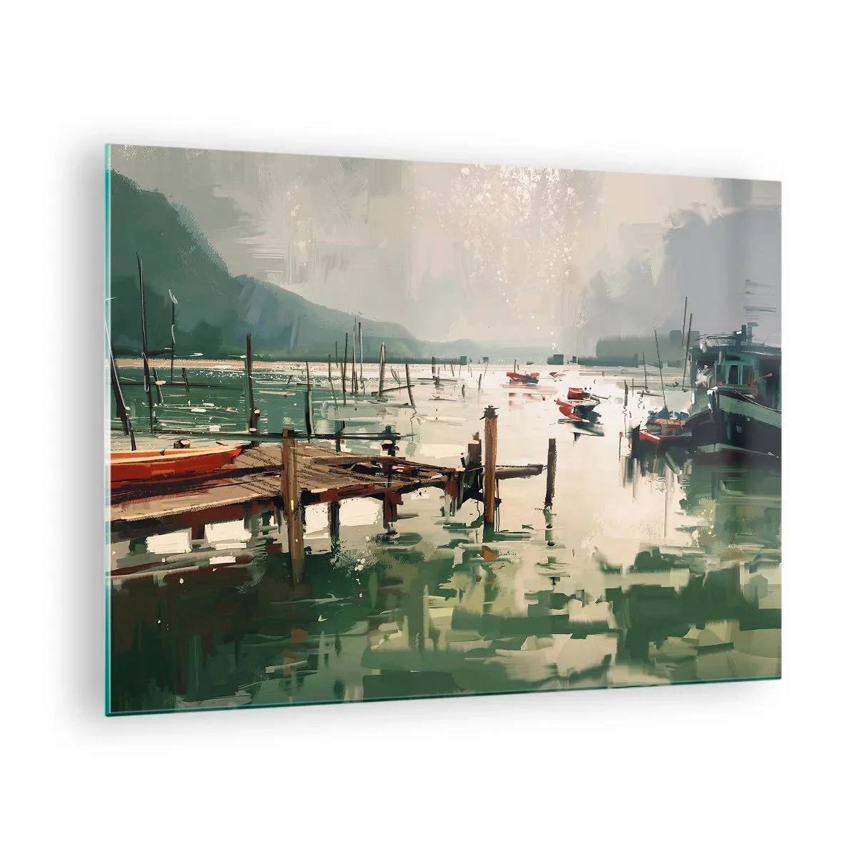 Schilderen op glas - Een houten steiger en boten op kalm water, omringd door bergen - 70x50cm - Gedrenkt in een gesmolten maan - Moderne wanddecoratie voor woonkamer en slaapkamer ARTTOR