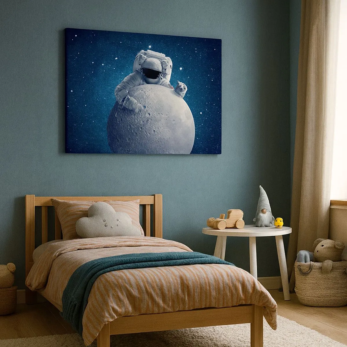 Schilderen op canvas - Astronaut houdt de maan tegen een sterrenhemel - 70x50cm - Ruimte grappenmaker - Moderne wanddecoratie voor woonkamer en slaapkamer ARTTOR