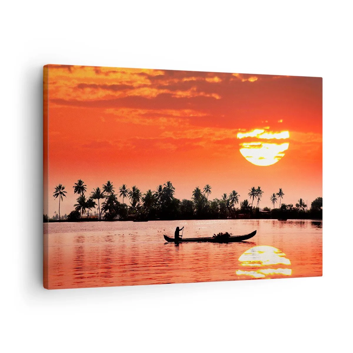 Schilderen op canvas - Tropische zonsondergang met een boot en palmbomen op de achtergrond - 70x50cm - De rust van de tropen bij zonsondergang - Moderne wanddecoratie voor woonkamer en slaapkamer ARTTOR