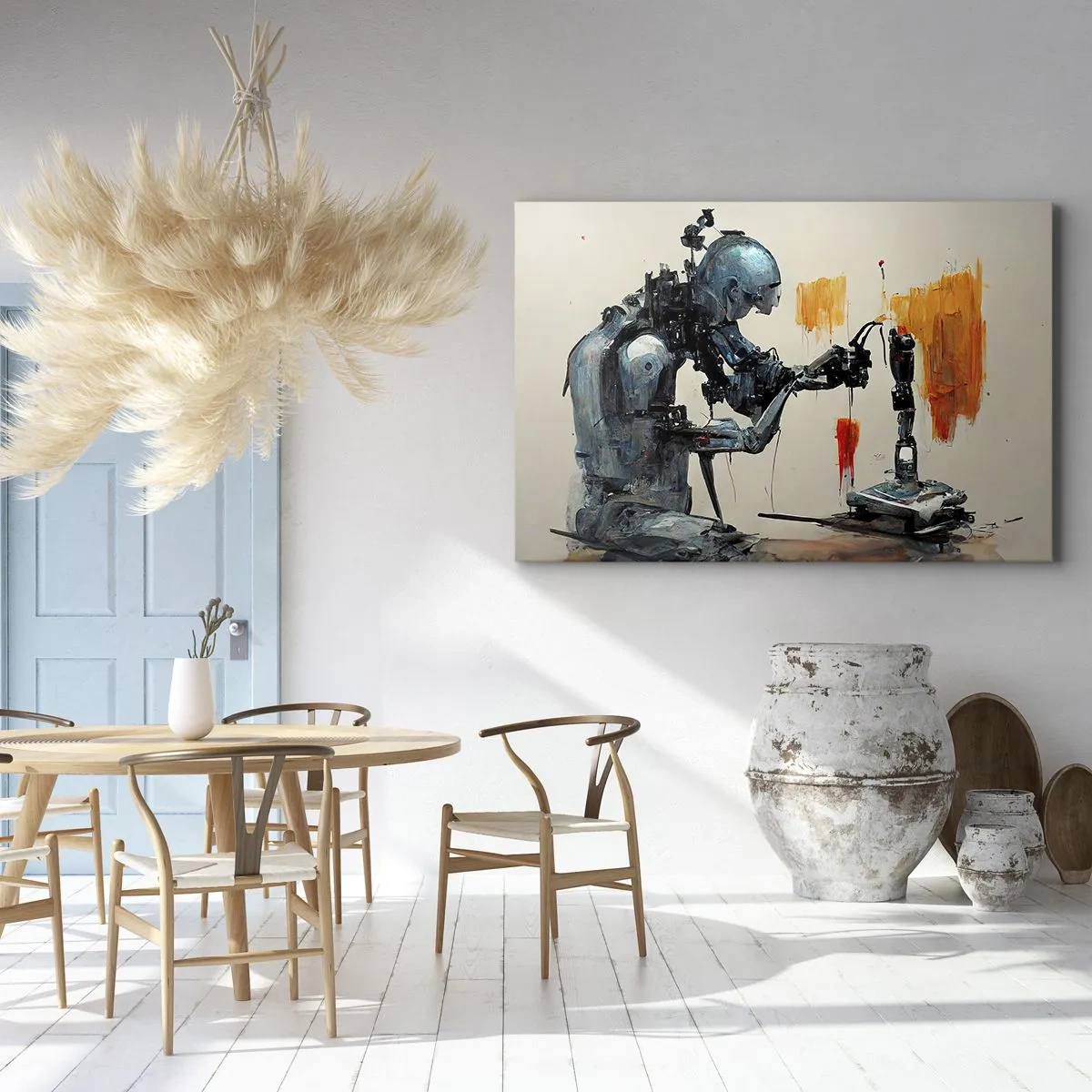 Schilderen op canvas - Robot aan het werk met abstracte achtergrond - 70x50cm - Morgen al… - Moderne wanddecoratie voor woonkamer en slaapkamer ARTTOR