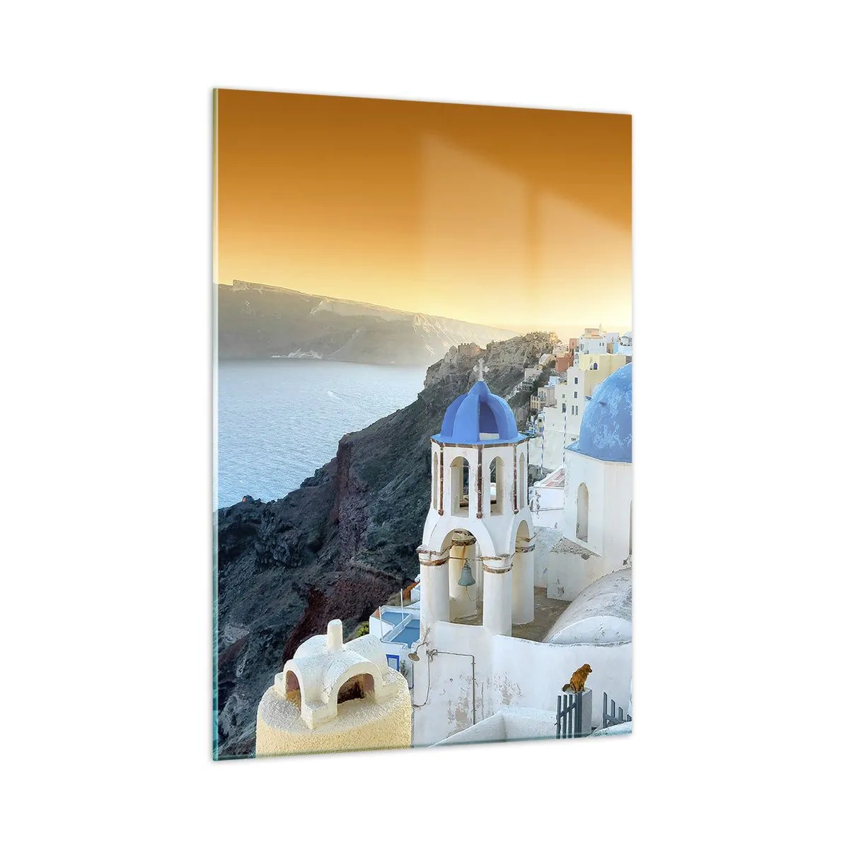 Schilderen op glas - Santorini - genesteld tegen de rotsen - 50x70 cm